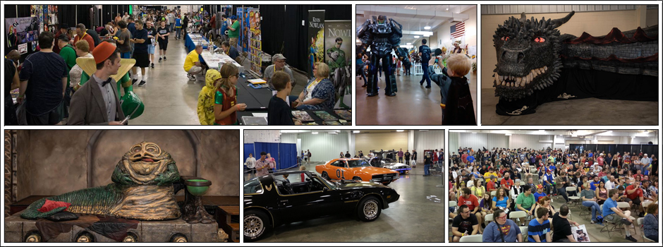 Photo collage of past attendees and booth displays at Smallville Con